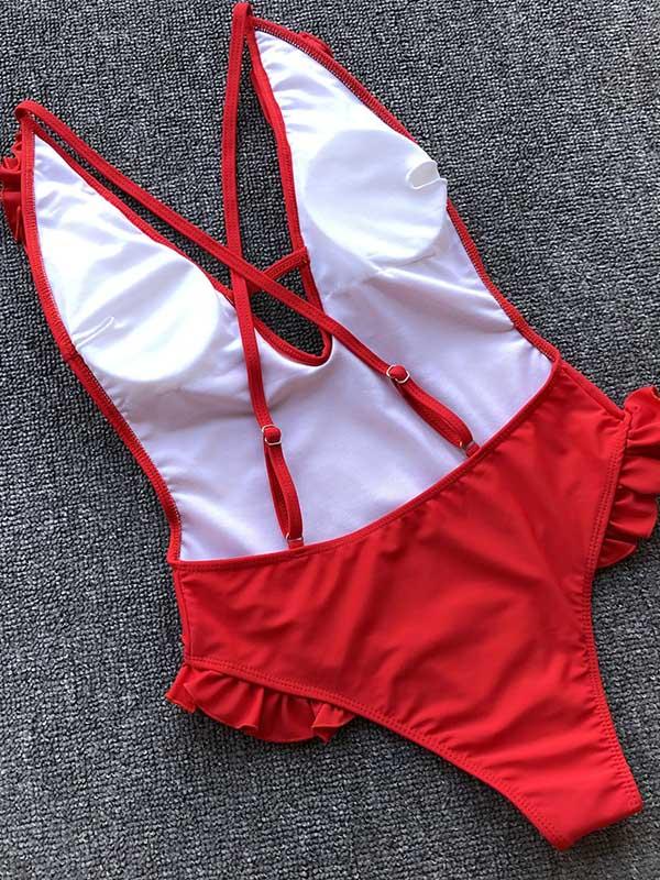 Plain Red Falbala Top One-piece Swimwear