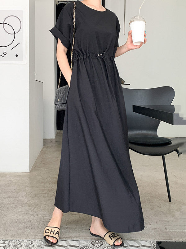 Casual Solid Color Drawstring Pleated Round-Neck Half Sleeves High-Waist Midi Dress