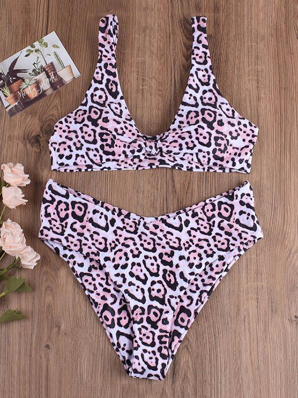 Sexy Low Collar Knotted Printing Split Type Bikini Swimsuit