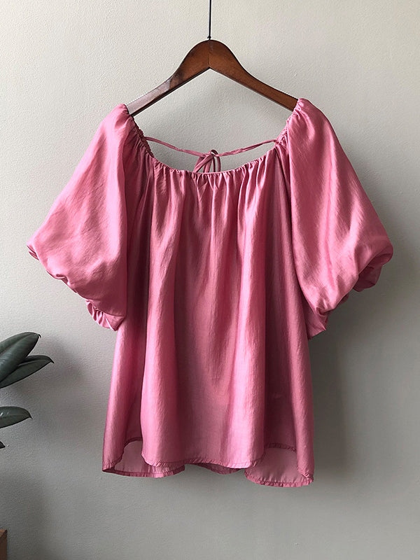 Urban Loose Solid Color Puff Sleeves Off-The-Shoulder T-Shirt