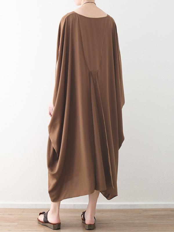 Loose Coffee Batwing Sleeves V-neck Long Dress