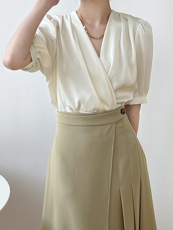 Office V-Neck Half Sleeves Solid Color Blouse