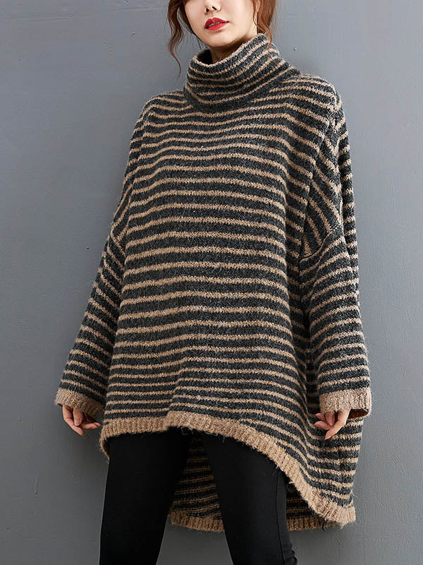 Loose Striped High-Low Heaps Collar Long Sleeves Knitwear