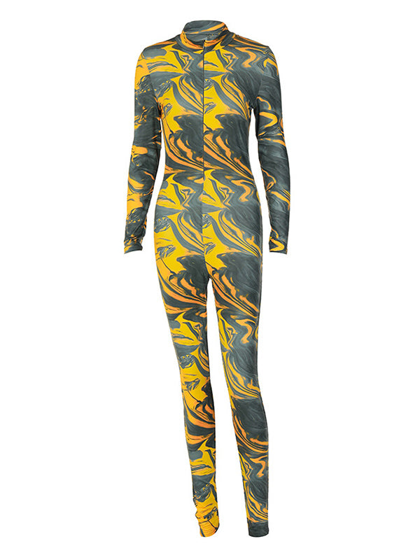 Printed Zipper Long Sleeves Jumpsuits