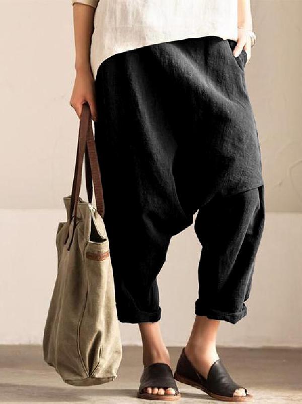 Loose Solid With-pockets Linen Harem Pants