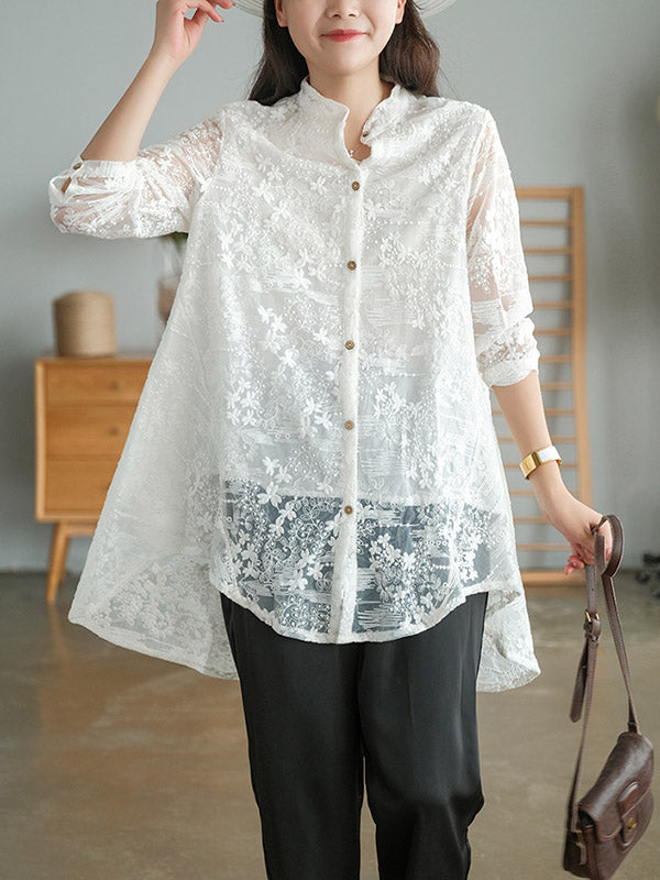 Artistic Retro Solid Color Lace Embroidered Buttoned Lapel Collar Blouse