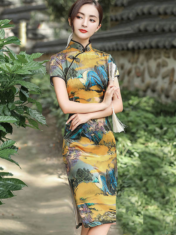 Stylish Satin Split-Side Printed Stand Collar Short Sleeves Short Cheongsams