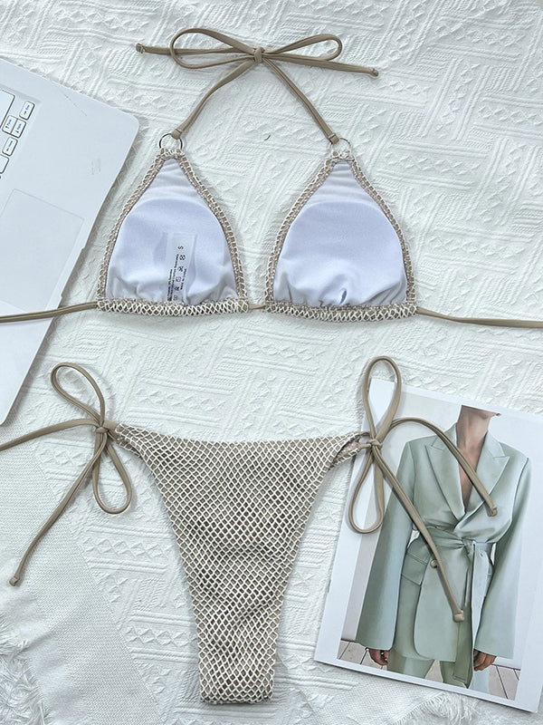 Solid Color Lace-Up Bikini Swimwear