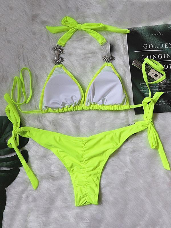 Gorgeous Embellished Solid Color Triangles Knotted Split Bikini Swimsuit