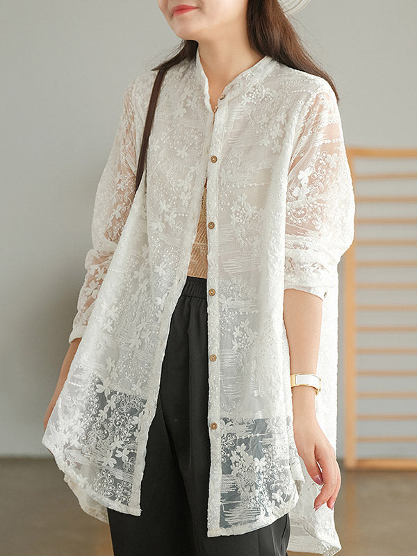 Artistic Retro Solid Color Lace Embroidered Buttoned Lapel Collar Blouse