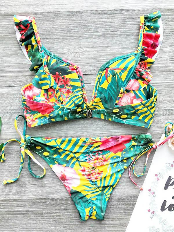 Sexy V-Neck Falbala Printing Split Type Bikini Swimsuit