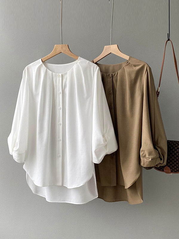 Casual Solid Color Pleated Buttoned Round-Neck Puff Sleeves Blouse