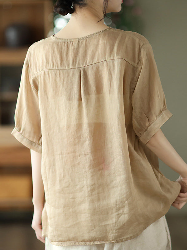 Artistic Retro Loose Solid Color Ramie Cotton Embroidered Blouse