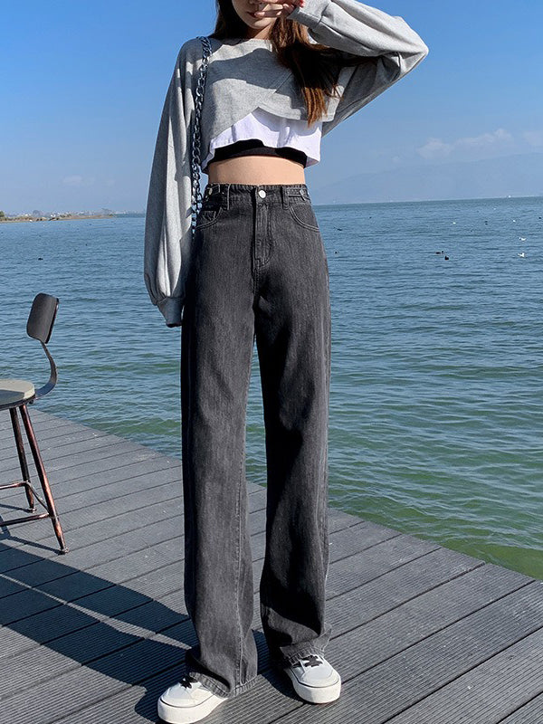 2 Colors Simple High Waisted Wide Leg Jean Pants Bottoms