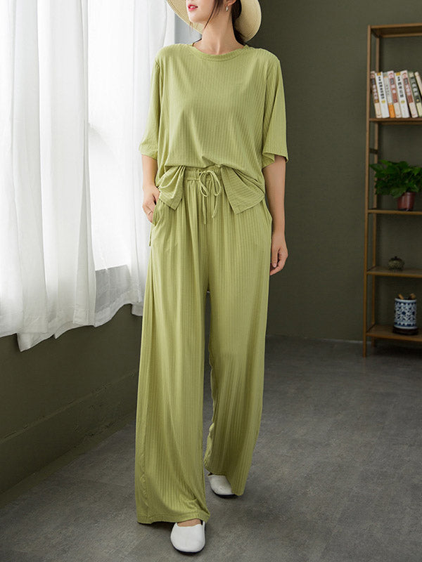 Casual Loose Solid Color Round-Neck Half Sleeves T-Shirt&Drawstring Pleated Wide Legs Pants 2 Pieces Set