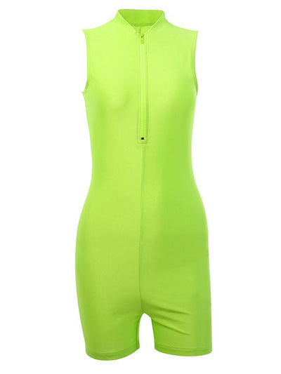 Solid Zipper Sleeveless Sports Romper