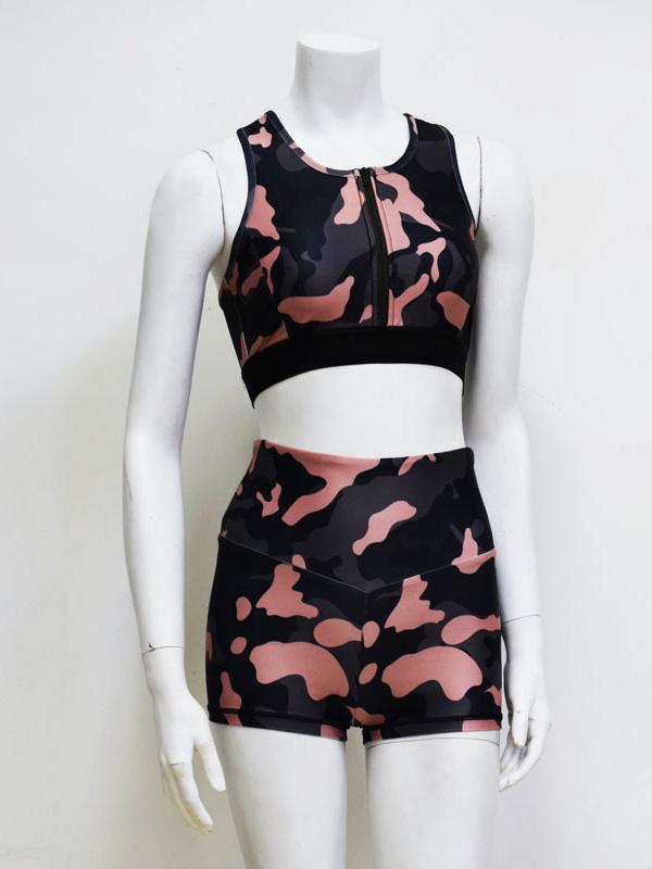 Camo Printed Sleeveless Racerback Tanks And Shorts Suits