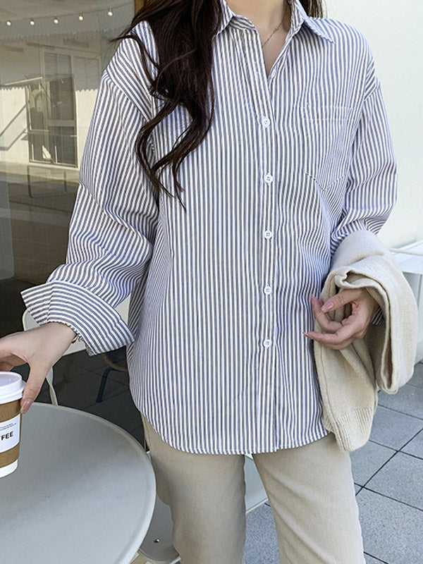 Simple Striped Buttoned Lapel High-Low Long Sleeves Blouse Tops