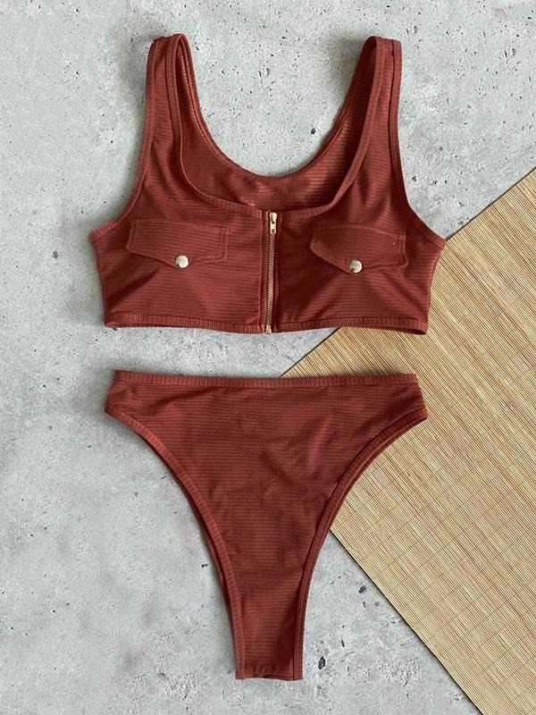 Sexy Low Collar Pockets Zipper Split Type Bikini Swimsuit