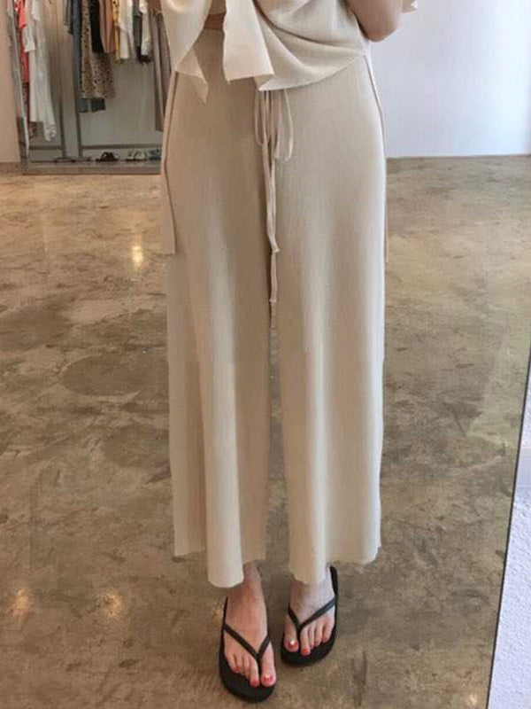 Casual Solid Color Split-Side Round-Neck Half Sleeves T-Shirt+Wide Leg Pants 2 Pieces Set