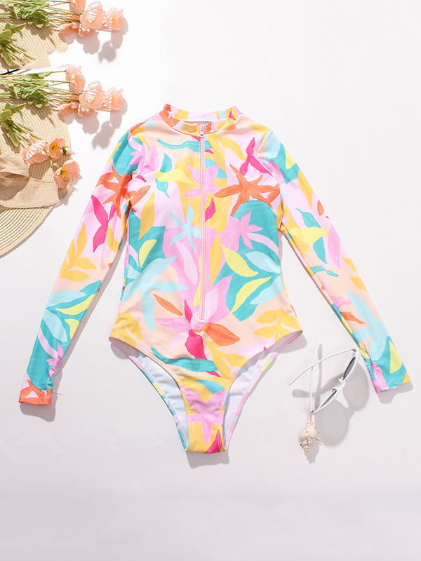 Long Sleeve Printed Zipper One-Piece Wetsuit Swimwear