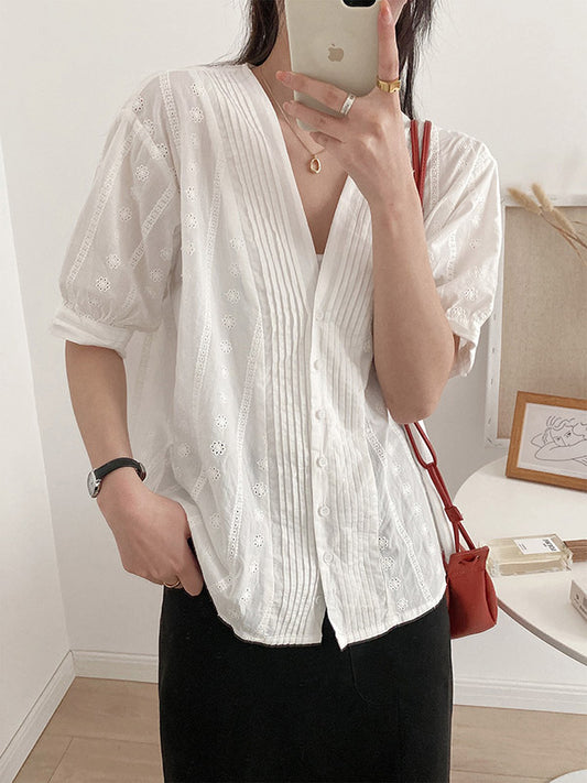 Simple Solid Color Buttoned V-Neck Short Sleeves Blouse