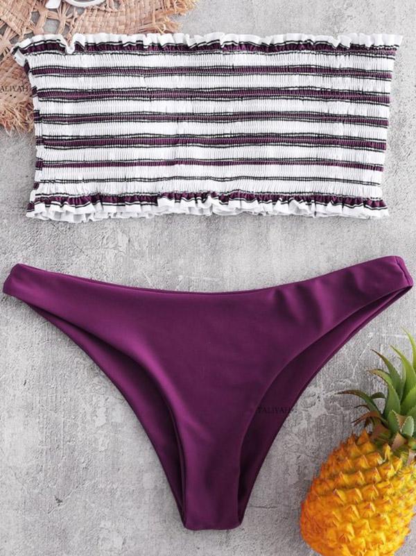 Strapless Draped Striped Top With Solid Panty Bikini Set