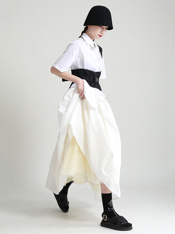 Urban Solid Color Split-Joint Mesh Pleated A-Line Skirt