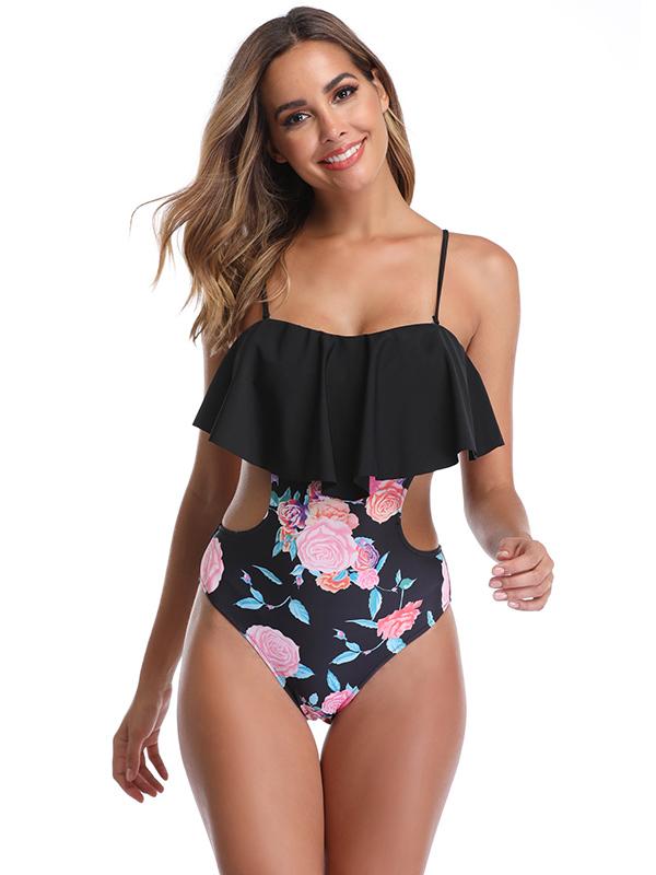 Sexy Strapless Hollow Flounces One-Piece Swimwear