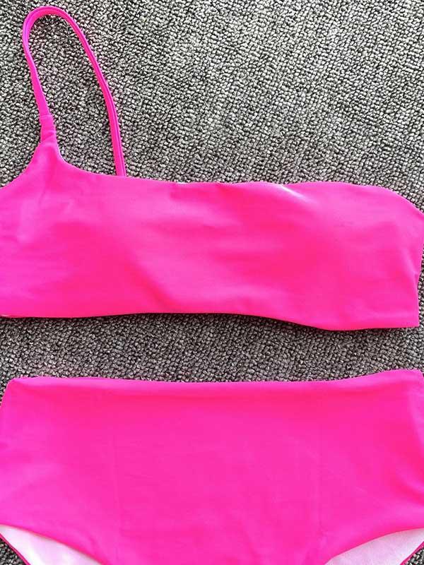 One-Shoulder Solid Color Split Bikini Swimsuit