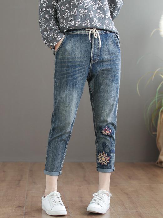 Embroidered Strap Elastic National Jeans Bottom