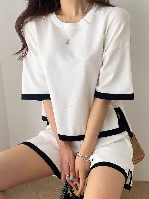 Casual Split-Side Round-Neck Half Sleeves T-Shirt+Shorts 2Pieces Set