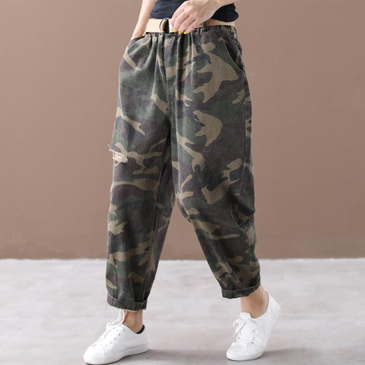 Buykud Camouflage Pattern Hole Casual Loose Pants