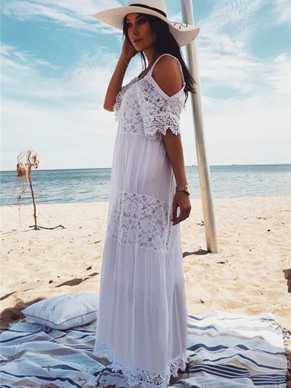 Spaghetti-neck Lace Hollow Solid Beach Swimwear Maxi Dresses