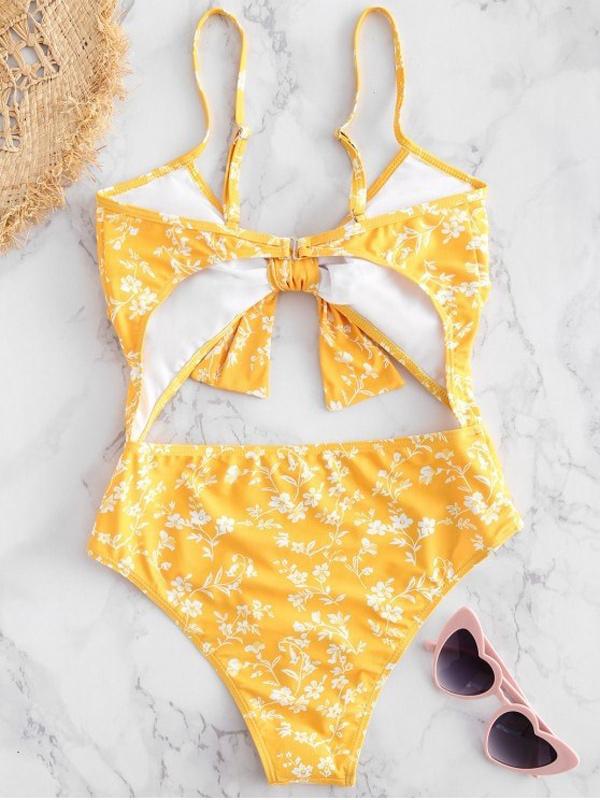 Floral-Print Knotted Hollow One-Piece Swimwear