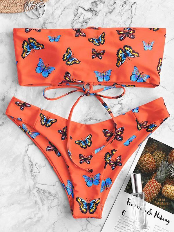 Floral-Print Bandeau Bandage Split Bikini Swimsuit