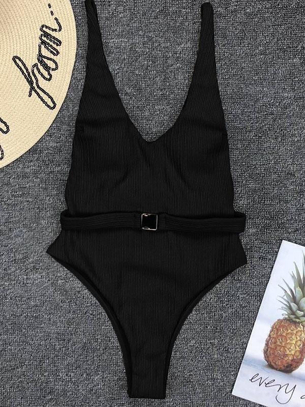 Solid Belted Sexy One-piece Swimwear