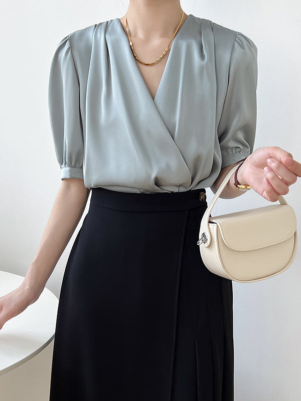 Office V-Neck Half Sleeves Solid Color Blouse