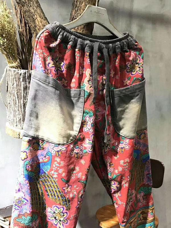 National Floral Print Split-joint Harem Pants