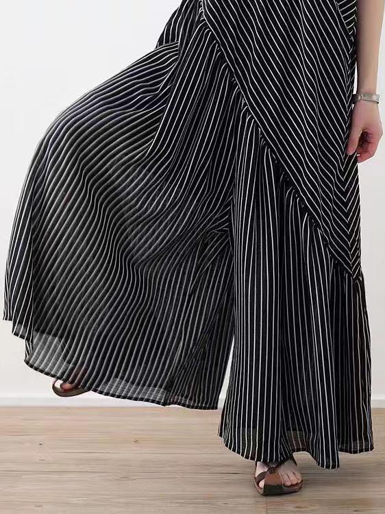 Loose Striped Split-joint Wide-leg Sleeveless V-neck Jumpsuits