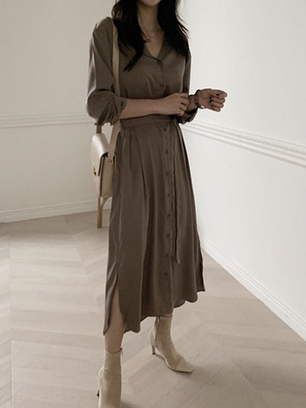 Urban Solid Color Elasticity Waist Long Sleeve Shirt Dress