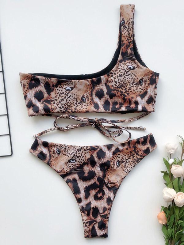 One-Shoulder Leopard-Print Split Bikini Swimsuit