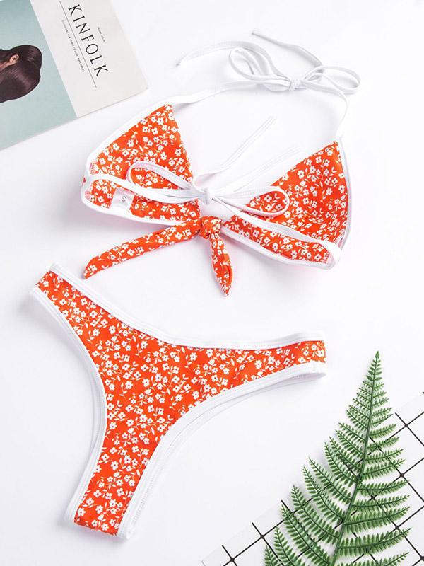 Sexy Spaghetti-Neck  Bandage  Little Flower Split Type Bikini Swimsuit