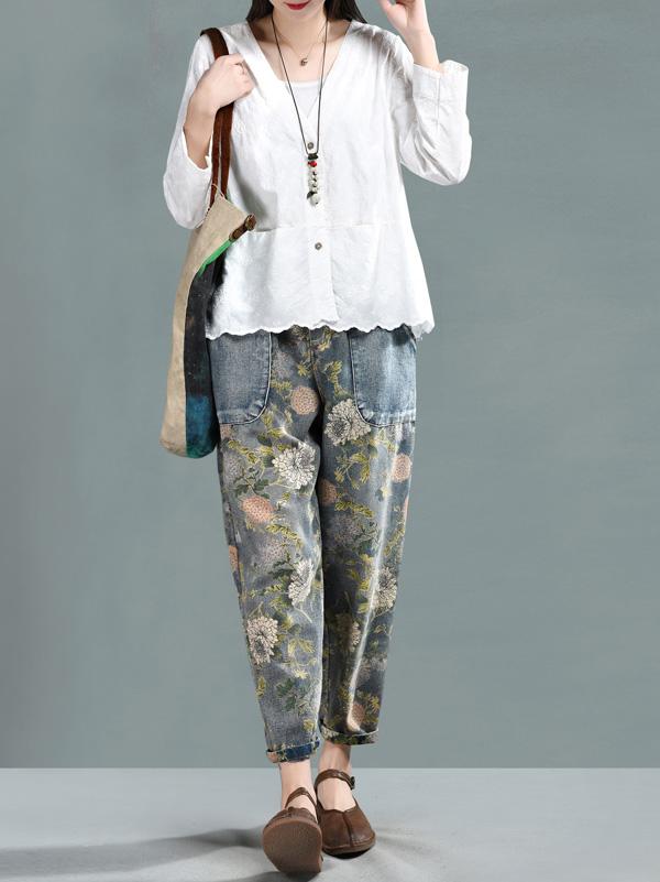 Retro Floral Embroidered Harem Pants