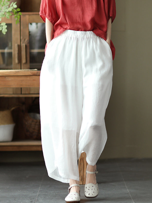 Simple Casual Vintage Ramie Cotton Wide Legs Pants