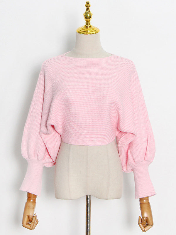 Casual Solid Color Round-Neck Bishop Sleeve Sweater Tops