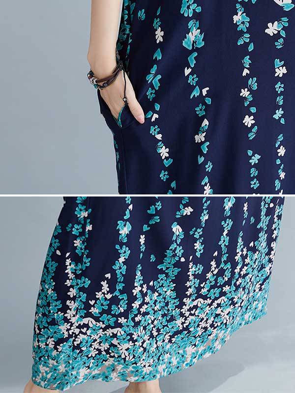 Original Floral Printed Loose V-Neck Batwing Sleeves Maxi Dress