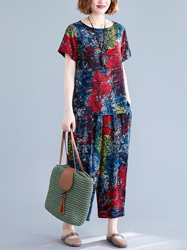 Loose Printed T-Shirt + Harem Pants Suit