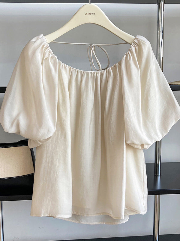 Original Off-The-Shoulder Solid Color Pleated Puff Sleeves Tunic Top