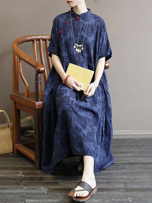 Original Solid Embroidered Stand Collar Midi Dress Long Cheongsam